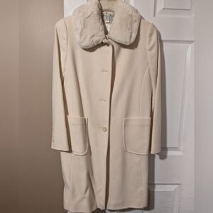 Cream wool coat, rabbit fur collar